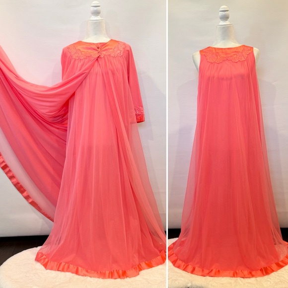 Vintage Artemis Gossard Pink Coral Silky Satin Sheer Chiffon Maxi Gown Robe Set - Picture 10 of 13